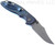 Rick Hinderer Knives Automatic XM-18 Bowie folding knife with push button - shown open pocket clip side.  Working Finish S45VN stainless steel plain edge blade.  Battle Blue titanium handle.  Model KAXM35BO.