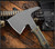 RMJ Tactical Pathfinder tomahawk - shown close up of head out of sheath obverse.  Tungsten Cerakote 80CRV2 steel plain edge head.  Dirty Olive G-10 handle.  Model T-PTH-TU-DO.