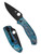 Spyderco Tenacious folding knife with thumb hole - shown open presentation side and closed pocket clip side.  Black D2 steel plain edge blade.  Disarray titanium handle.  Model C122TIBLBKD2P.