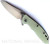 Rick Hinderer Knives XM-18 3.5" Sheepsfoot folding knife with thumb stud and flipper tab - shown open presentation side.  Stonewash S45VN stainless steel plain edge blade.  Translucent Green G-10 handle with stonewash bronze lock side.  Model KXM35SHF.