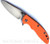 Rick Hinderer Knives XM-18 3.5" Sheepsfoot folding knife with thumb stud and flipper tab - shown open presentation side.  Stonewash S45VN stainless steel plain edge blade.  Orange G-10 handle with stonewash bronze lock side.  Model KXM35SHF.