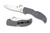 Spyderco Stretch Sprint Run folding knife with thumb hole - shown open presentation side and closed pocket clip side.  Satin Super Blue and 420J1 laminated steel plain edge blade.  Gray FRN handle.  Model C90FPGYE.
For reference only.