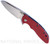 Rick Hinderer Knives XM-18 3.5" Sheepsfoot folding knife with thumb stud and flipper tab - shown open presentation side.  Stonewash S45VN stainless steel plain edge blade.  Red G-10 handle with stonewash blue lock side.  Model KXM35SHF.