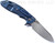 Rick Hinderer Knives XM-18 3.5" Sheepsfoot folding knife with thumb stud and flipper tab - shown open lock side.  Stonewash S45VN stainless steel plain edge blade.  Black G-10 handle with stonewash blue lock side.  Model KXM35SHF.