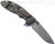 Rick Hinderer Knives XM-18 3.5" Spanto folding knife with thumb stud and flipper tab - shown open lock side.  Working Finish S45VN stainless steel plain edge blade.  Black G-10 handle with Battle Bronze lock side.  Model KXM35SPA.