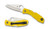 Spyderco Salt 1 folding knife with thumb hole - shown open presentation side and closed pocket clip side.  Satin H-1 stainless steel plain edge blade.  Yellow FRN handle. Model C88PYL.
For reference only.