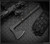 RMJ Tactical Raven axe - shown out of sheath obverse.  Graphite Black 80CRV2 steel plain edge head.  Black G-10 handle.  Model T-RA-GB-BK.