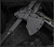 RMJ Tactical Raven axe - shown close up of head in obverse.  Graphite Black 80CRV2 steel plain edge head.  Black G-10 handle.  Model T-RA-GB-BK.