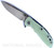 Rick Hinderer Knives XM-18 3.5" Spanto folding knife with thumb stud and flipper tab - shown open presentation side.  Stonewash S45VN stainless steel plain edge blade.  Translucent Green G-10 handle with stonewash blue lock side.  Model KXM35SPA.