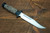 Rick Hinderer Knives KaBar Clip Point fixed blade knife - shown out of sheath obverse.  Stonewash 3V steel plain edge blade.  Brown Micarta handle.  Model KKBAR3V.