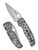 Spyderco Edgerati folding knife with thumb hole - shown open presentation side and closed pocket clip side.  Satin S30V stainless steel plain edge blade. Aluminum handle.  Model C266ALP.