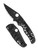 Spyderco Edgerati folding knife with thumb hole - shown open presentation side and closed pocket clip side.  Black S30V stainless steel serrated edge blade. Black aluminum handle.  Model C266BKALBKS.