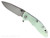 Rick Hinderer Knives XM-18 Skinny Slicer with thumb stud and flipper tab - shown open presentation side.  Stonewash Magnacut stainless steel, hollow ground, plain edge blade.  Translucent Green G-10 handle with stonewash blue lock side. 