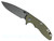 Rick Hinderer Knives XM-18 Skinny Slicer with thumb stud and flipper tab - shown open presentation side.  Working Finish Magnacut stainless steel, hollow ground, plain edge blade.  OD Green G-10 handle with Working Finish lock side. 