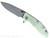 Rick Hinderer Knives XM-18 Skinny Slicer with thumb stud and flipper tab - shown open presentation side.  Working Finish Magnacut stainless steel, hollow ground, plain edge blade.  Translucent Green G-10 handle with Working Finish lock side. 