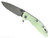 Rick Hinderer Knives XM-18 Skinny Slicer with thumb stud and flipper tab - shown open presentation side.  Working Finish Magnacut stainless steel, hollow ground, plain edge blade.  Translucent Green G-10 handle with Battle Green lock side. 