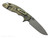 Rick Hinderer Knives XM-18 Skinny Slicer with thumb stud and flipper tab - shown open lock side.  Working Finish Magnacut stainless steel, hollow ground, plain edge blade.  Coyote Brown G-10 handle with Battle Green lock side. 