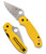 Spyderco Para 3 Salt folding knife with thumb hole - shown open presentation side and closed pocket clip side.  Satin MagnaCut stainless steel serrated edge blade.  Yellow FRN handle.  Model C223SYL.