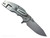 Rick Hinderer Knives Jurassic Hollow Grind Slicer folding knife with flipper tab - shown open lock side.  Stonewash MagnaCut stainless steel plain edge blade.  Blue G-10 handle scale with stonewash titanium lock side.  Model KJURSLHO.