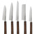 Demko Knives 5 Piece Kitchen Knife Set - obverse from left to right Santoku, Gyuto Chef, Bread, Nakiri, and Petty shown.  VG-10 San Mai steel Blades.  Japanese Red Oak handles.  Model DK-JPN-KTCHN-5PCSET.