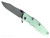 Rick Hinderer Knives Skinny Eklipse Slicer folding knife with flipper tab - shown open - presentation side.  Working Finish 3.5" hollow grind MagnaCut stainless steel plain edge blade.  Translucent Green G-10 handle scale with Battle Blue lock side.  Model KEK35SKSLHO