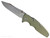Rick Hinderer Knives Skinny Eklipse Slicer folding knife with flipper tab - shown open - presentation side.  Stonewash 3.5" hollow grind MagnaCut stainless steel plain edge blade.  OD green G-10 handle scale with stonewashed bronze lock side.  Model KEK35SKSLHO