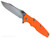 Rick Hinderer Knives Skinny Eklipse Slicer folding knife with flipper tab - shown open - presentation side.  Stonewashed 3.5" hollow grind MagnaCut stainless steel plain edge blade.  Orange G-10 handle scale with stonewashed lock side.  Model KEK35SKSLHO