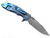 Rick Hinderer Knives XM-18 3.5" Harpoon Spanto folding knife with thumb stud and flipper tab - shown open lock side.  Stonewashed MagnaCut stainless steel plain edge blade.  Blue G-10 handle with stonewash blue lock side.  Model KXM35HS.
