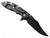 Rick Hinderer Knives XM-18 3.5" Bowie folding knife with thumb stud and flipper tab - shown open lock side.  Battle Black MagnaCut stainless steel plain edge blade.  Blue - black G-10 handle with Battle Black lock side.  Model KXM35BOWMC.