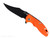 Rick Hinderer Knives XM-18 3.5" Bowie folding knife with thumb stud and flipper tab - shown open presentation side.  Battle Black MagnaCut stainless steel plain edge blade.  Orange G-10 handle with Battle Black lock side.  Model KXM35BOWMC.