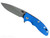 Rick Hinderer Knives XM-18 3.5" Slicer Hollow Grind folding knife with thumb stud and flipper tab - shown open presentation side.  Working Finish 20CV stainless steel plain edge blade.  Blue G-10 handle with Working Finish lock side.  Model KXM35SLHO.