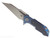 Rick Hinderer Knives Full Track Wharncliffe folding knife with flipper tab - shown open presentation side.  Stonewash S45VN stainless steel plain edge blade.  Stonewash blue titanium with black G-10 scales.  Model KFTRWC.