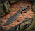 RMJ Tactical Marauder - shown out of sheath reverse. Graphite Black Cerakote 3V steel plain edge blade.  Dirty Olive G-10 handle scales.  Model K-MD-3V-GB-DO-BLK/VT.