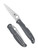Spyderco Charisma folding knife with thumb hole - shown open presentation side and closed pocket clip side.  Satin CTS BD1N stainless steel plain edge blade.  Gray FRN handle.  Model C259PGY.