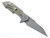 Rick Hinderer Knives Full Track Wharncliffe folding knife with flipper tab - shown open lock side.  Working Finish S45VN stainless steel plain edge blade.  Working Finish titanium with OD green G-10 scales.  Model KFTRWC.