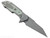 Rick Hinderer Knives Full Track Wharncliffe folding knife with flipper tab - shown open lock side.  Working Finish S45VN stainless steel plain edge blade.  Working Finish titanium with Translucent Green G-10 scales.  Model KFTRWC.