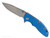 Rick Hinderer Knives XM-18 3.25" Spear Point folding knife with thumb stud and flipper tab - shown open presentation side.  Stonewash S45VN stainless steel plain edge blade.  Blue G-10 handle with Working Finish lock side.  Model KXM325SPE.