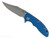 Rick Hinderer Knives XM-18 3.0" Bowie folding knife with thumb stud and flipper tab - shown open presentation side.  Stonewash 20CV stainless steel plain edge blade.  Blue G-10 handle with Working Finish lock side.  Model KXM30BOW.