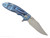 Rick Hinderer Knives XM-18 3.0" Bowie folding knife with thumb stud and flipper tab - shown open lock side.  Stonewash 20CV stainless steel plain edge blade.  Blue G-10 handle with stonewash lock side.  Model KXM30BOW.