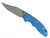 Rick Hinderer Knives XM-18 3.0" Non Flipper Bowie folding knife with thumb stud - shown open presentation side.  Working Finish 20CV stainless steel plain edge blade.  Blue G-10 handle with Battle Blue lock side.  Model KXM30BOWNF.