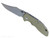 Rick Hinderer Knives Non Flipper XM-18 3.5" Bowie folding knife with thumb stud - shown open presentation side.  Stonewashed MagnaCut stainless steel plain edge blade.  OD green G-10 handle with Bead Blast lock side.  Model KXM35NFBO.