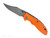 Rick Hinderer Knives Non Flipper XM-18 3.5" Bowie folding knife with thumb stud - shown open presentation side.  Stonewashed MagnaCut stainless steel plain edge blade.  Orange G-10 handle with Bead Blast Bronze lock side.  Model KXM35NFBO.