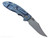 Rick Hinderer Knives Non Flipper XM-18 3.5" Bowie folding knife with thumb stud - shown open lock side.  Stonewashed MagnaCut stainless steel plain edge blade.  Black G-10 handle with Bead Blast Blue lock side.  Model KXM35NFBO.