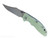 Rick Hinderer Knives Non Flipper XM-18 3.5" Bowie folding knife with thumb stud - shown open presentation side.  Stonewashed MagnaCut stainless steel plain edge blade.  Translucent Green G-10 handle with Bead Blast Blue lock side.  Model KXM35NFBO.