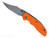 Rick Hinderer Knives Non Flipper XM-18 3.5" Bowie folding knife with thumb stud - shown open presentation side.  Stonewashed MagnaCut stainless steel plain edge blade.  Orange G-10 handle with Bead Blast Green lock side.  Model KXM35NFBO.