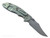Rick Hinderer Knives Non Flipper XM-18 3.5" Bowie folding knife with thumb stud - shown open lock side.  Stonewashed MagnaCut stainless steel plain edge blade.  Coyote G-10 handle with Bead Blast Green lock side.  Model KXM35NFBO.
