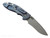 Rick Hinderer Knives Non Flipper XM-18 3.5" Recurve folding knife with thumb stud - shown open lock side.  Working Finish MagnaCut stainless steel plain edge blade.  Black G-10 handle with Battle Blue lock side.  Model KXM35NFREC.