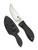Spyderco Bill Moran Upswept fixed blade knife - shown out of sheath obverse and in sheath obverse.  Satin VG-10 stainless steel plain edge blade.  Black FRN handle with Kraton inserts.  Model FB01P.