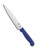 Spyderco Culinary Kitchen Utility Knife - obverse shown.  Satin MBS-26 stainless steel serrated edge blade.  Blue Polypropylene handle.  Model K04SBL.