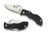 Spyderco Manbug folding knife with thumb hole - shown open obverse and closed reverse.  Satin VG-10 stainless steel serrated edge blade.  Black FRN handle.  Model MBKS.
For reference only.